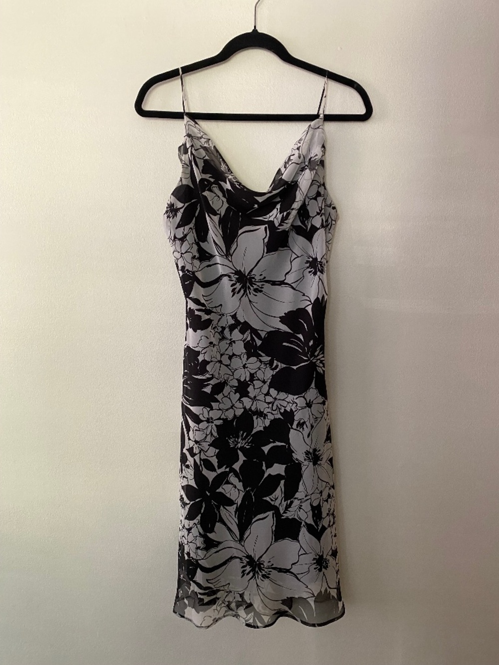 Vintage y2k Black White Floral Cowl Neck Slip Dress Boho Minimalist Size 12